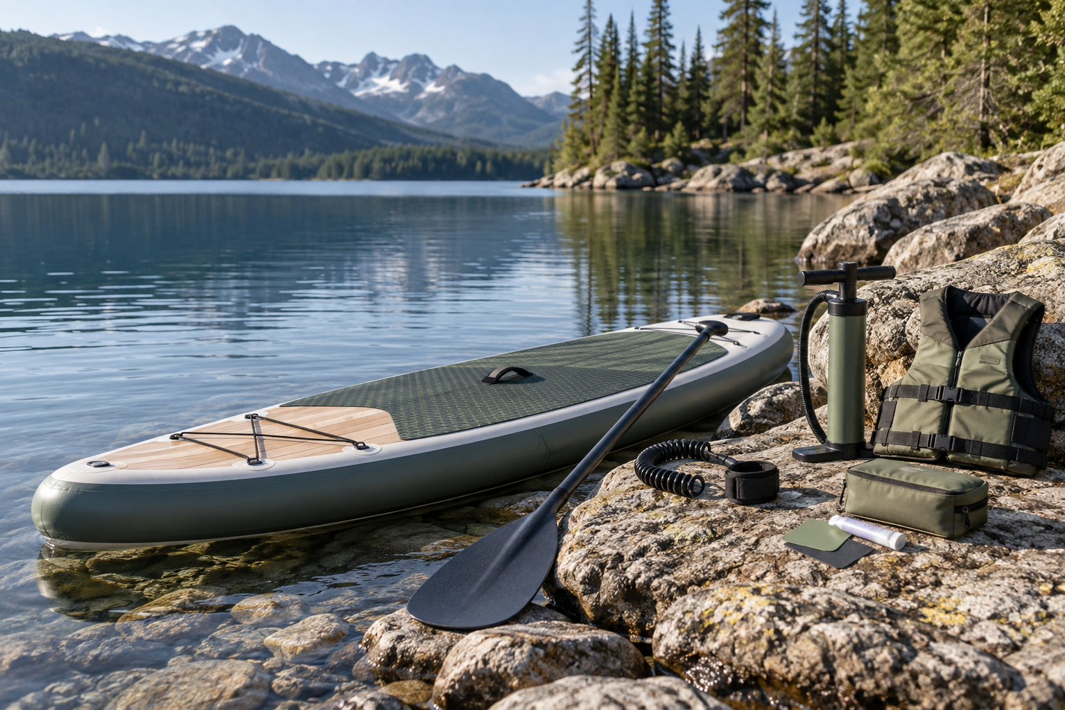 An inflatable paddleboard and its essential equipment beside a Canadian lake