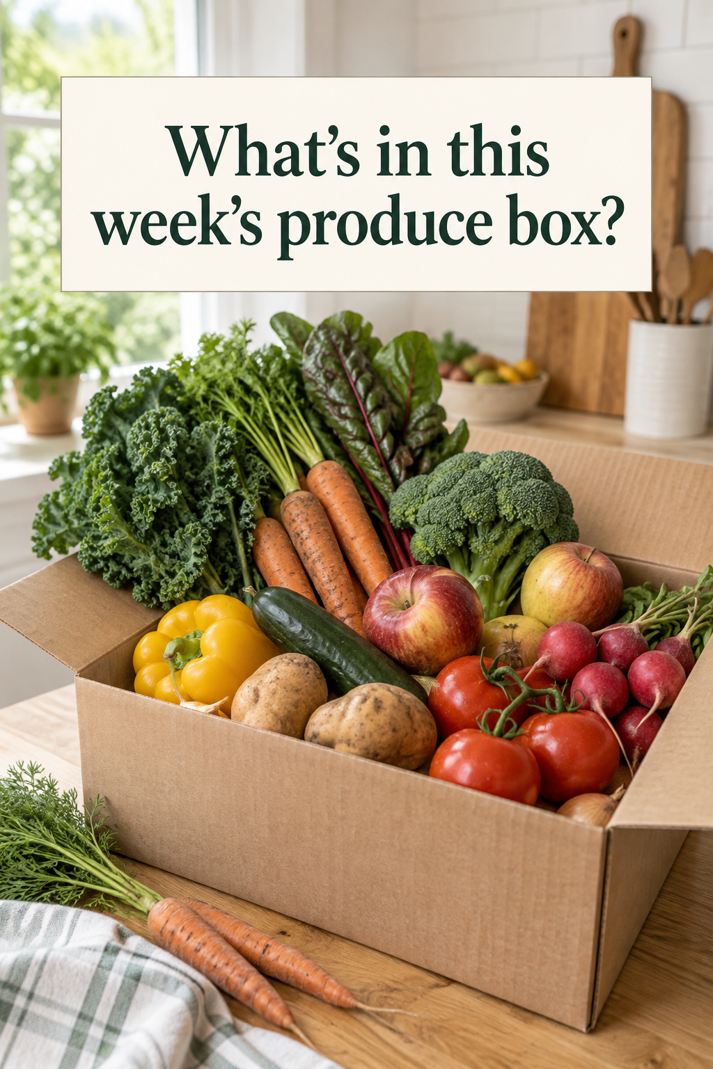 An unbranded produce box filled with vegetables and fruit