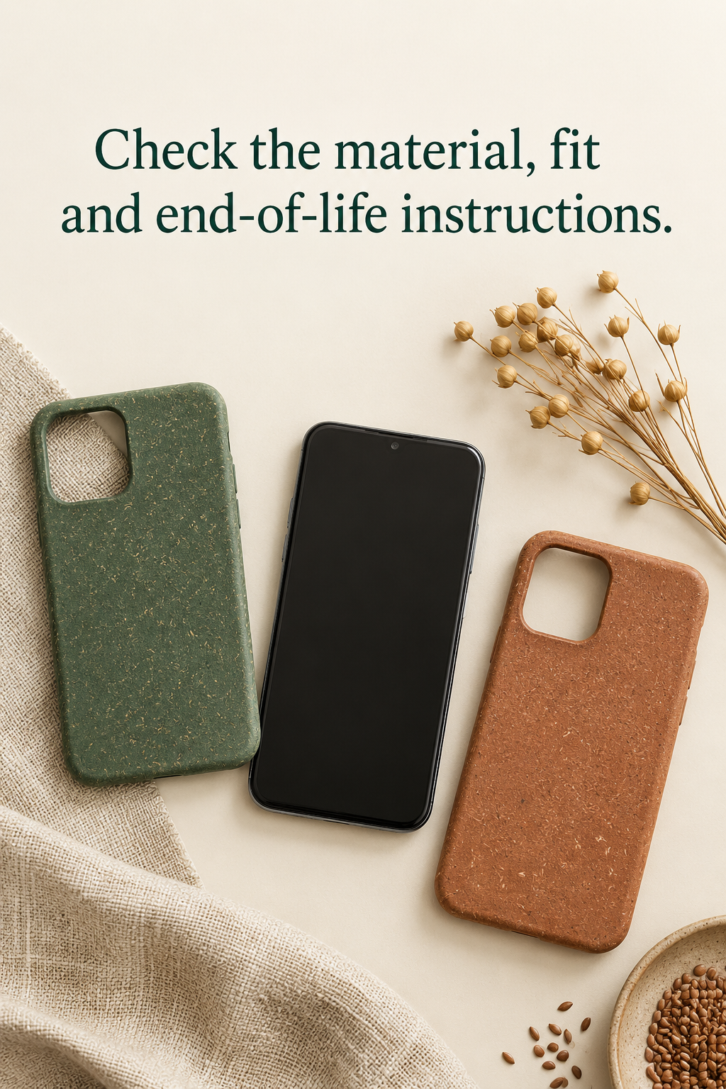 An unbranded phone with two plant-fibre-textured cases