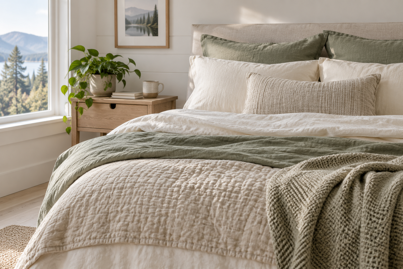 A neatly made bed layered with neutral fabrics in a bright bedroom
