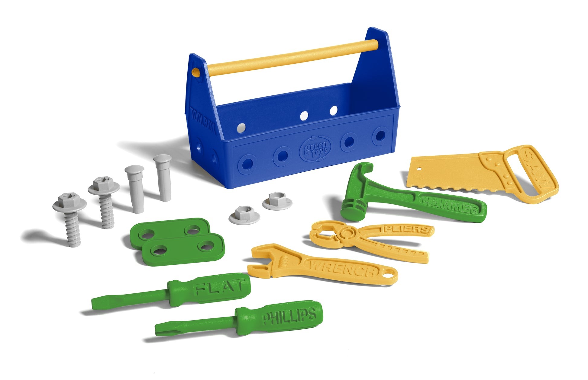 Blue Green Toys toolbox with colourful pretend tools