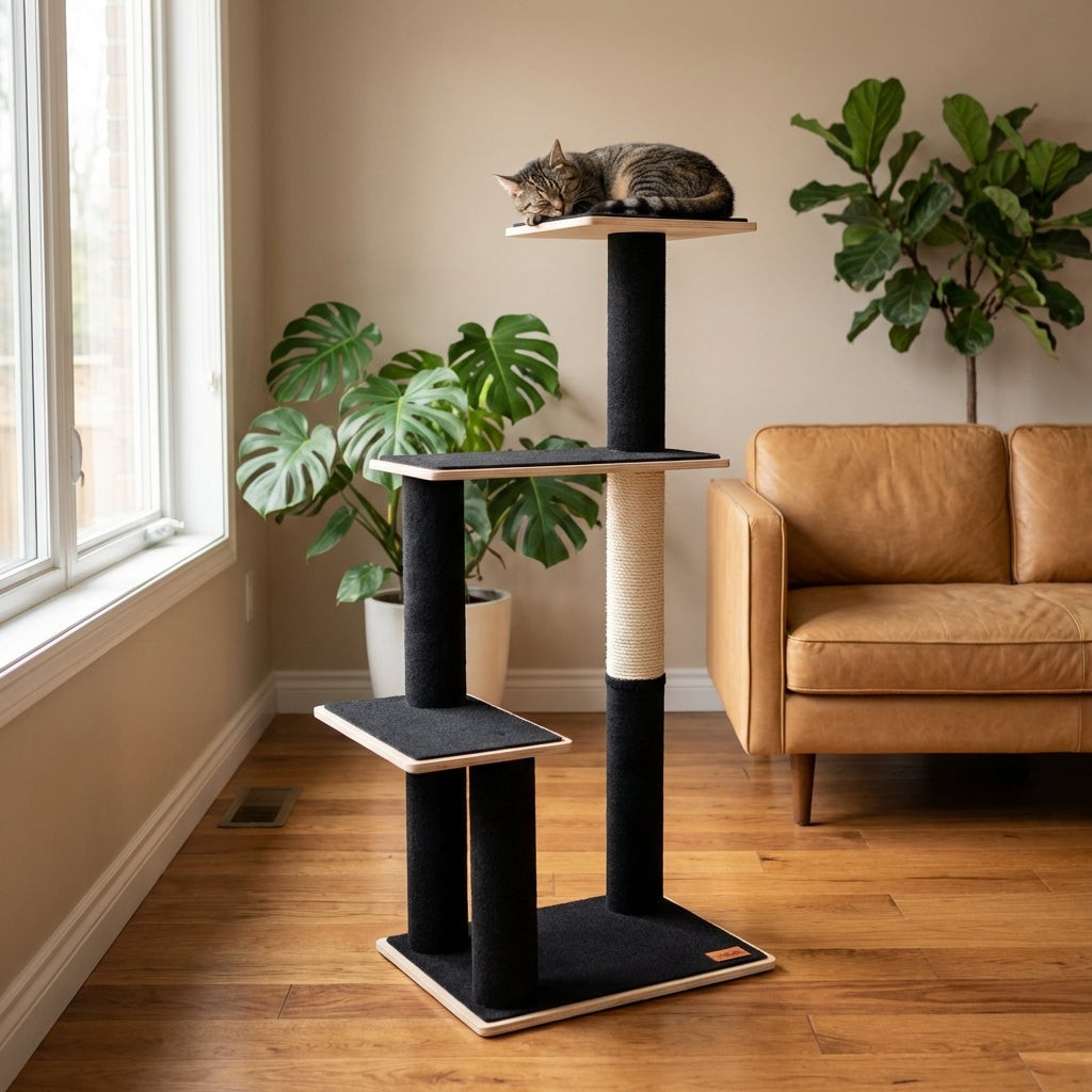 Noba Modern three-level plywood cat tree with felt-covered platforms and rope-wrapped posts